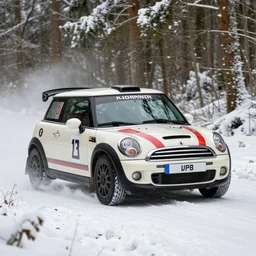 a 2 0 0 9 mini john cooper works, racing through a rally stage in a snowy forest