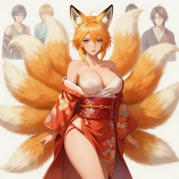 An beautiful digital painting of Ssunbiki as a voluptuous lady with fox ears and nine tails wearing a kimono, by Stanley Artgerm Lau, WLOP, Rossdraws, James Jean, Andrei Riabovitchev, Marc Simonetti, and Sakimichan, tranding on artstation, SFW version