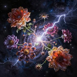 An epic fantastic realism comic book style painting of the most beautiful entwined flowers launched across the dark galactic night sky, nebulous bouquets, fisheye, lightning creating life, unreal 5, DAZ, hyperrealistic, octane render, dynamic lighting
