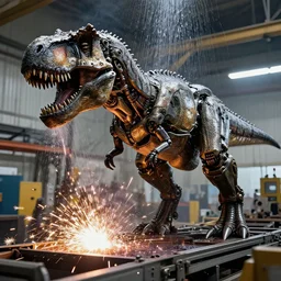 mechanical battle T-Rex being constructed on assembly line, showers of welding sparks, high contrast, HDR, photo, detailed, 4k