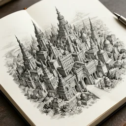 sketchbook pages charcoal, magnificent, close up, details, sharp focus, elegant, highly detailed, illustration of a very detailed ancient city, by jordan grimmer and greg rutkowski, intricate, beautiful, trending artstation, pixiv, digital art