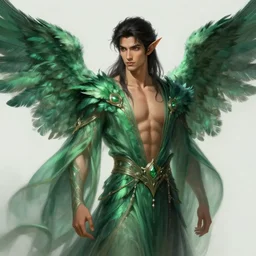 photo portrait of avan jogia as an elf angel wizard, dark hair, flowing green feathers, flowing robes, slender, handsome, upper body, muscular, fantasy, intricate, elegant, highly detailed, digital painting, artstation, concept art, smooth, sharp focus, illustration, art by gaston bussiere and greg rutkowski