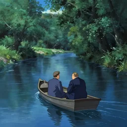 brezhnev and churchill, sitting next to each other, facing the river in one single boat. atmospheric lighting, long shot, romantic, trees, blue water, narrow river, close river bank, shady. anime. by makoto shinkai, stanley artgerm lau, wlop, rossdraws, james jean, andrei riabovitchev, marc simonetti, krenz cushart, sakimichan, d & d trending on artstation, digital art.