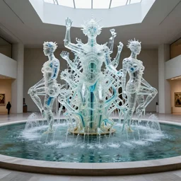 neo tribal majestic futuristic glass fountain in the museum of gods, water, pond, art installation, contemporany art, biennale, 3 d printing