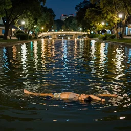 park drowned in river glowing water with lots of lights at night, 8k, realistic, trending on artstation