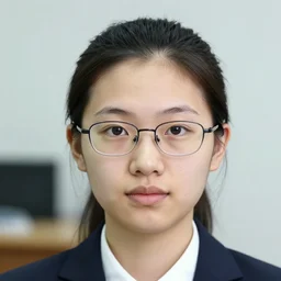 a young chinese female manager with a chicken head, wearing glasses, receding hairline