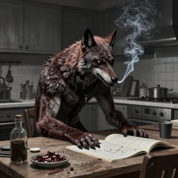 werewolf smoking at a kitchen table in the style of Artgerm