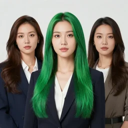 french portait of women, green long hair, business women style