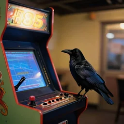 a raven on the side of an arcade cabinet 1 9 8 5
