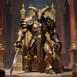 A spiked horned semiork-semihuman with armored joints stands in a large throne room with sword in hand. Massive shoulderplates. Extremely high details, realistic, fantasy art, solo, masterpiece, saturated colors, art by Zdzisław Beksiński, Arthur Rackham, Dariusz Zawadzki