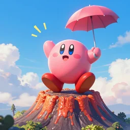 kirby dancing with mario on a volcano, ultra high detail, concept art