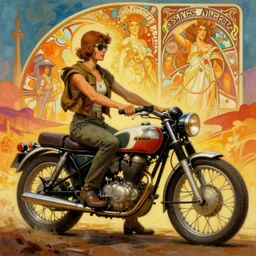 vintage classic motorcycle, moebius and ralph mcquarrie style, retro sci - fi, blade runner 2 0 4 9, alphonse mucha, pulp sci - fi, painting, psychedelic, mad max fury road