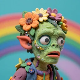 headshot of a trickster nature zombie, head made of fruit and flowers in the style of arcimboldo, covered with iridescent bubbles, fragonard, photorealistic, dynamic lighting, action figure, clay sculpture, claymation, turquoise pink and yellow, rainbow stripe backdrop