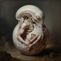 anatomical painting of alien xenomorph embryo, covered with white meat, dream - like heavy mysterious atmosphere, in the wastelands, baroque portrait painting, perfect composition, beautiful detailed intricate insanely detailed octane render, unreal engine 5, trending on artstation, 8 k, photorealistic, soft natural volumetric cinematic perfect light, chiaroscuro, masterpiece, raphael, caravaggio, beksinski, giger