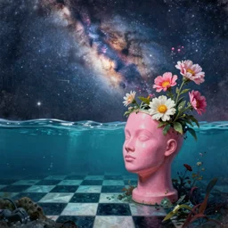 award winning masterpiece with incredible details, alternative reality, milky way, liminal spaces, checkered pattern, David Friedrich, Zhang Kechun, a surreal vaporwave vaporwave vaporwave vaporwave vaporwave painting by Thomas Cole of an old pink mannequin head with flowers growing out, sinking underwater, highly detailed