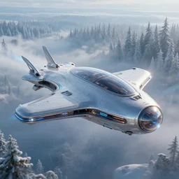 futuristic luxury metal and glass spaceship designed by apple flying over the tundra forest art by greg rutkowski and paul ozzimo artgerm, epic fantasy sci - fi volumetric light specular light lumen reflections clear focus detailed unreal engine digital art trending on artstation deviantart octane render