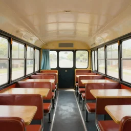 interior design of a schoolie, mid - century modern converted school bus interior design by philippe starck and victoria hagan, detailed digital painting masterpiece, gorgeous, 4 k