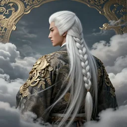 portrait, fujin, male japanese god of wind, long braided white hair, mk 1 1, dramatic, very detailed, ornate, sky, clouds, 8 k, octane render, william bouguereau, rossdraws, greg rutkowski