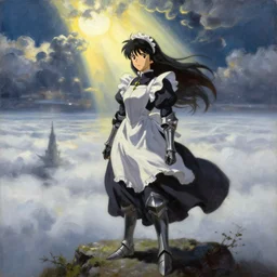 baroque oil painting of anime key visual concept art of anime! wanderer above the sea of fog 1 8 1 8 with anime maid in armor set in grimdark fantasy, sunrays breaking through clouds, award winning, trending on artstation, palette knife! and brush strokes, oil on canvas, makoto shinkai greg rutkowski studio ghibli