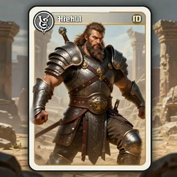 overpowering male, bearded gigachad in armour, d & d barbarian, warrior in scale armour, powerful male character, character portrait, trading card game art, perfectly shaded, extremely detailed, matte painting, artstation, volumetric lighting, 4 k, deep focus, dynamic scene, fighting, sharp focus, deserted landscape, ancient stone ruins, art by frank frazetta and artgerm