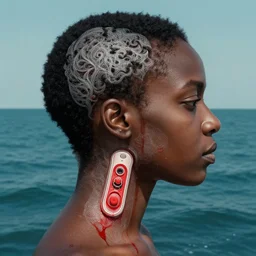 side profile of a black woman :: blood :: background sea :: intricate details :: oxygen implant :: 8k :: simon stalenhag and Sandra Chevrier