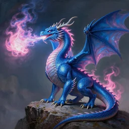 a dragon breathing blue and pink fire, standing on a mountain, hyperrealistic, highly detailed, intricate, elegant, smooth, dnd, fantasy art, concept art, oil painting by greg hildebrandt and tim hildebrandt and greg rutkowski