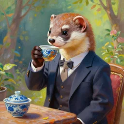 a portrait painting of a weasel in a suit sips chinese tea ， humanoid, anthropomorphic, personify, trending on artstation by wenjun lin, irakli nadar, bright colors, octopath traveler, wenjun lin, unreal engine 5 highly rendered, global illumination, radiant light, detailed and intricate environment