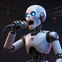 a portrait of a robot screaming into a microphone at a death metal concert festival, 3 d rendering, dark background, digital, unreal engine, illustration, 8 k resolution, artstation, cinema 4 d, behance hd