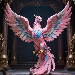 a photo of 8k ultra realistic pink and blue phoenix archangel in a dark room, ornate, cinematic lighting, trending on artstation, 4k, hyperrealistic, focused, high details, unreal engine 5, cinematic, masterpiece