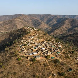 aerial view of an old West African village on top of a mountain