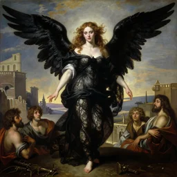 renaissance painting of an evil beautiful angel woman with black wings with a pretty face makeup, wearing black lace flowing linen with a roman town in the background, by frank frazetta!, charlie bowater, magali villeneuve, j. c. leyendecker, ultra realistic, 4 k, photo realistic, volumetric lighting,