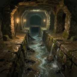 flowing water inside the ancient flooded stone sewers. fantasy art, underground, adventure, wet, standing water, channel, canal, muck, mud, stagnant water, stream, channel, musty, moss, sewage, darkness, underground, catacombs, abandoned spaces, torchlight. digital illustration. mayan ruins. myth drannor. parlainth.