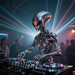 an alien djing in a hardcore rave with lights and lasers. everything is made of chrome. Giger 35mm photo realistic