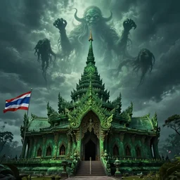 Matte painting of an eldritch green buddhist temple with Thai flag. Cthulhu is coming down from the sky. It is the end of the world. By Greg Rutkowski. Horror. Surreal. Trending on Artstation. HD, 8K, highly detailed, good lighting, beautiful, epic