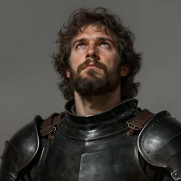 close up picture of a male warrior looking at the sky, burly, black plate armor, simple, brown skin, messy curly hair, unkempt beard, highly detailed, detailed face, smooth, sharp focus, chiaroscuro, digital painting, artgerm, greg rutkowski, alphonse mucha