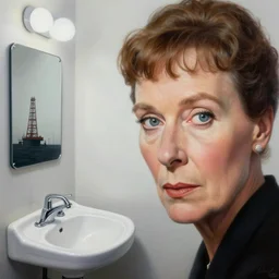high quality noir painting featuring agatha christie face, agatha christie, a huge public bathroom sink and an oil rig forboding in the background, mystery of the giant sink, by greg rutkowski, red, black and white colour scheme, textured grunge aesthetic