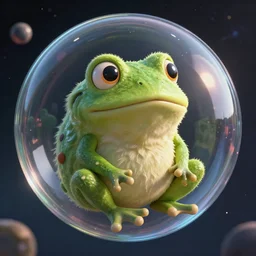 medium close - up shot of a very cute fluffy furry froggy alien sitting inside a giant glass sphere floating through space, concept art, by esao andrews, by m. w. kaluta, by pixar, volumetric light, rich colors, very humorous!!!, realistic reflections, smooth, depth perception, tilt shift, 4 k, unreal engine 5, artstation