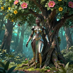 illustration neo - futurist cinematic super expressive! yoruba goddess with exoskeleton armor, merging with tree in a forest, pink yellow flowers, highly detailed digital art masterpiece, smooth etienne sandorfi eric zener dramatic pearlescent soft teal light, ground angle uhd 8 k, sharp focus