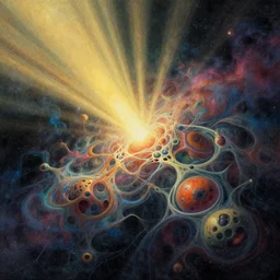 editorial illustration by karolis strautniekas and mads berg, sacred geometry melting, cells, nebulous, galactic, colorful, fine texture, detailed, muted colors, film noir, dramatic lighting, dynamic composition, vivid, matte print, wide angle, ( ( sunbeams ) ), moody, extreme perspective