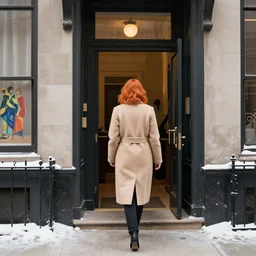 back of emma stone in beige coat, orange hair, walking into new york apartment building in winter, artwork by gaston bussiere, craig mullins, trending on artstation