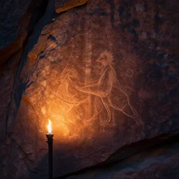 rock art carved in stone, torchlight