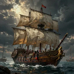magical and mystical pirate galleon near to a port, octane render, rembrandt, cgsociety, artstation trending, horror scene, highly detailded