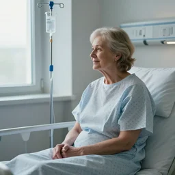 medium shot, photo of a beautiful old woman hospital patient sitting in a norwegian hospital room with an iv drip, wearing a hospital gown, looking out window, smiling gently. studio lighting, beautiful lighting, calming, by charlie waite, max rive, caroline foster.
