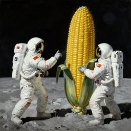 1965 Robert McCall painting of astronauts fighting a giant corn monster on the moon