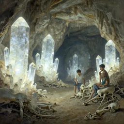 a cave with huge glowing crystals in the walls and piles of bones on the floor, art by donato giancola and greg rutkowski and eduardo pena