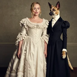 fashion editorial of actress Margot Robbie wearing a beautiful Victorian era dress by Sandy Powell and her friend an anthropomorphic spotted hyena human hybrid model wearing Haider Ackerman, photographed in the style of Annie Leibovitz