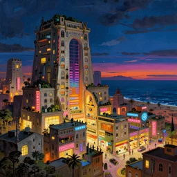 a beautiful very detailed painting of nature building architecture urbex city mall by canaletto, sea synthwave at night infrared neon signs thermal imaging retrowave at dusk vaporwave magic realism evil futuristic studio ghibli san andreas nightsky desert landscape sci - fi, archdaily, wallpaper, highly detailed, trending on artstation.