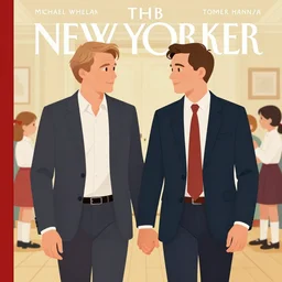 portrait of Mads Mikkelsen!!!!! and Hugh Dancy!!!! holding hands romantically as they chaperone school dance by Michael Whelan, Bob Larkin and Tomer Hanuka, simple illustration, domestic, nostalgic, clean, full of details, by thomas kinkade, Matte painting, trending on artstation and unreal engine, New Yorker magazine cover