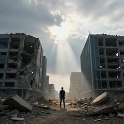 god rays illuminating a single man in a destroyed modern city, award winning, cloudy sky, pictorialism, color