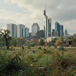 post apocalyptic frankfurt, overgrown, landscape, romanticism by andreas achenbach